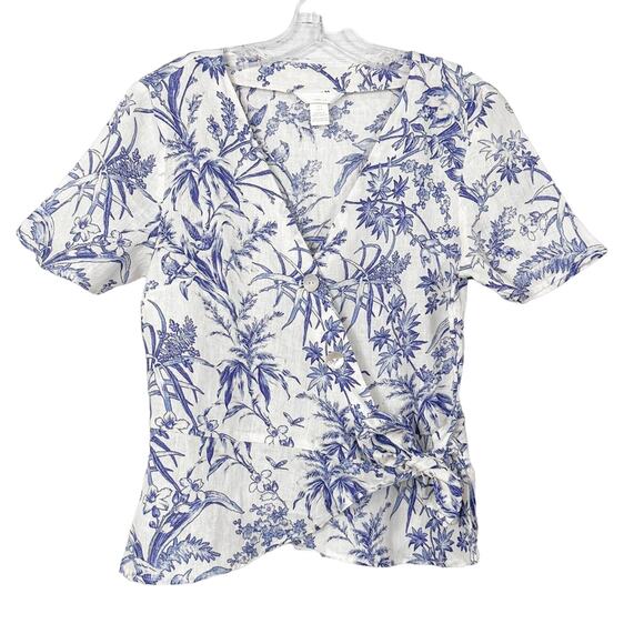 H&M Blue and White Floral Linen Wrapover Blouse, EUC, Size Small - Picture 3 of 13